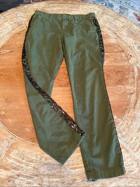 J CREW Sequin Side Stripe Chino Pants Olive Green Straight Leg